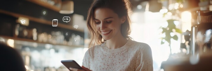 Cheerful young woman happily using her smartphone in a sunny cafe. With social media icons floating above her head