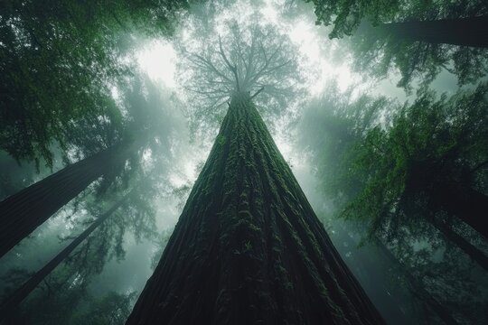 Majestic redwood trees reaching for the sky in a misty forest
