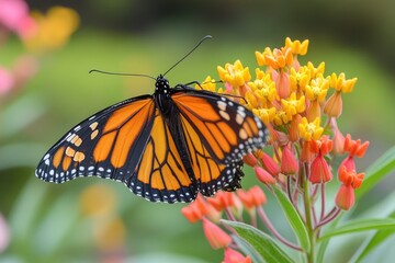 Obraz premium Monarch butterfly feeding on vibrant milkweed flowers in summer garden