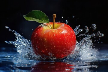 Water splashing on a red apple on a black blurry background .