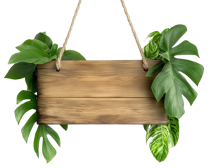 Wooden sign with tropical leaves on transparent background