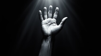 A single hand reaching upwards from darkness, fingers stretched, representing struggle, aspiration, and seeking light
