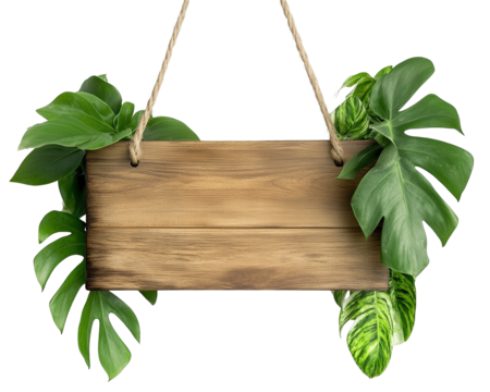 Wooden sign with tropical leaves on transparent background