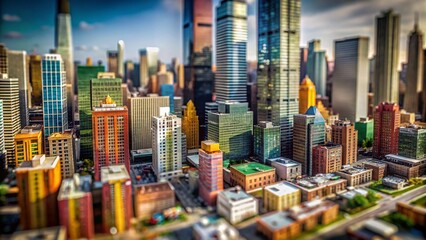 Abstract Cityscape in Vibrant Hues with Tilt-Shift Photography Effects, Colorful Skyscrapers, Dreamy Urban Landscape, Miniature City, Modern Architecture, Artistic Perspective