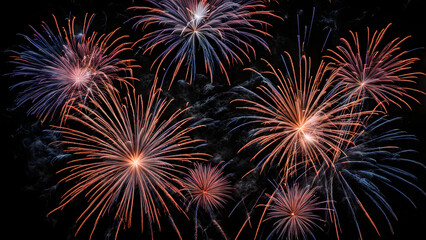 Fototapeta premium Colorful fireworks exploding into delicate stars scattered across a pitch-black sky, AI Generated 
