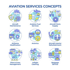 Aviation services multi color concept icons. Airline management, avionics. Crew training, certification. Icon pack. Vector images. Round shape illustrations for infographic. Abstract idea