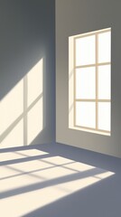 Bright room with sunlight casting shadows through window on the floor.