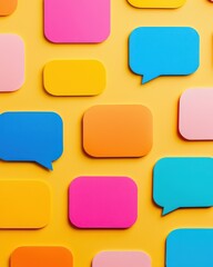 Colorful speech bubbles on a vibrant yellow background, ideal for communication and dialogue themes.