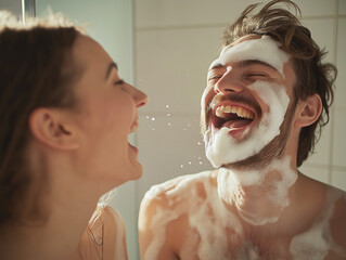 Joyful couple in the shower with shaving foam, smiling and laughing, sharing a playful moment together. Water splashes create a lively, fun atmosphere.