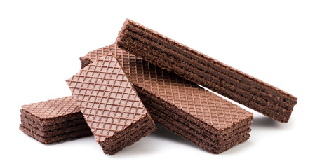 Pile of chocolate wafers and a half close-up on a white background. Isolated