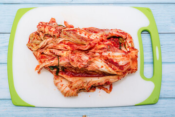 Traditional Korean Kimchi on a Cutting Board