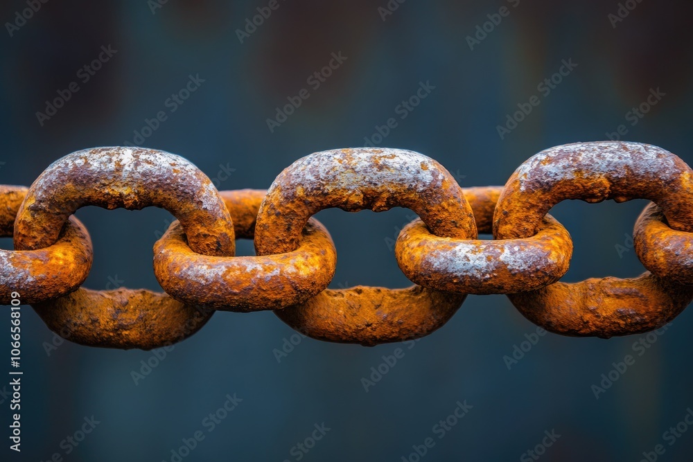 Poster Rusty chain links showing corrosion and decay on blurred background