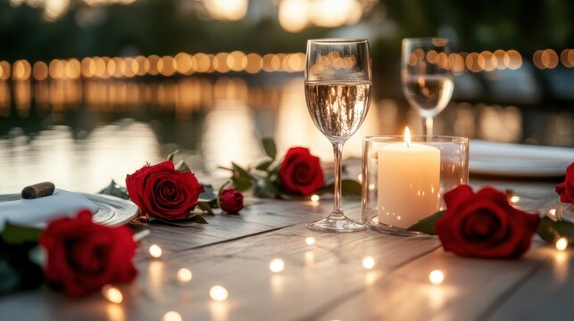 A candlelit dinner on a rooftop with a city skyline view, decorated with fairy lights and red roses, setting the perfect Valentine's Day ambiance