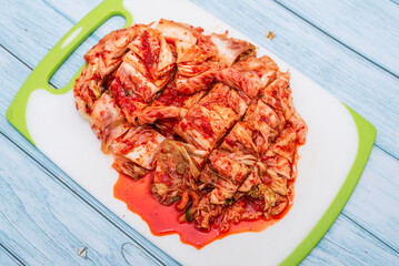 Traditional Korean Kimchi on a Cutting Board