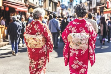 Obraz premium Two geishas walking in kyoto wearing traditional kimono