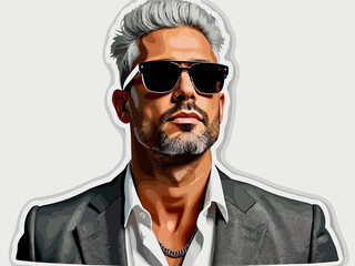 Fototapeta premium Stylish man wearing sunglasses and a gray suit strikes a confident pose against a plain background