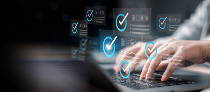 Businesswoman Take an assessment, Check list, questionnaire, evaluation, filling out an online survey form. Answer the test questions. online survey exam Choosing the right answer in the exam,