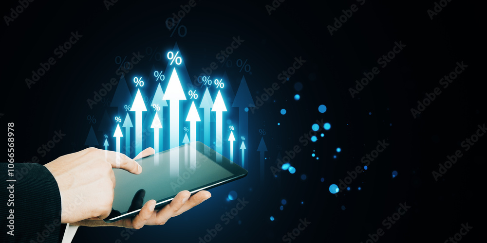 Poster Close up of businessman hands using tablet with growing glowing interest arrows on dark background with mock up place and bokeh circles. Benefit, market and increase concept.