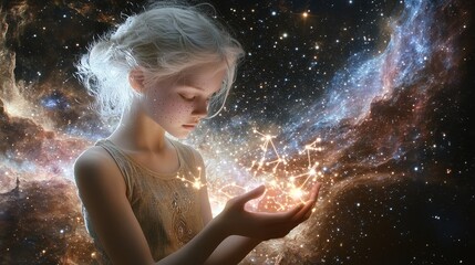 Obraz premium Embracing Cosmic Wonders - Young girl with pale skin holding a constellation in her hands, surrounded by cosmic energy and vast galaxy in the background