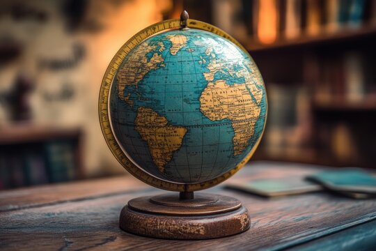 Vintage globe showing africa and south america on wooden table in library