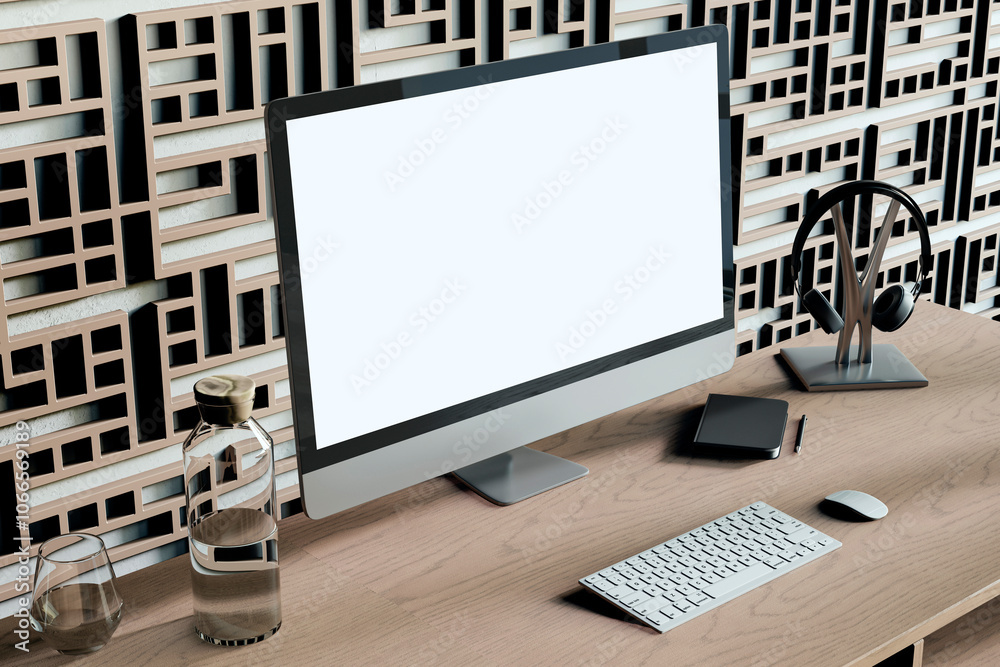 Aufkleber creative designer workplace with decorative ornamental wall, various small items and big white compu