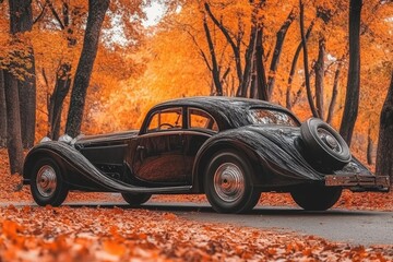 Black vintage car driving on scenic autumn road