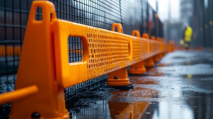 Fototapeta premium A close-up view of orange construction barriers lined along a wet surface, with blurred figures in the background, indicating a work or safety zone.