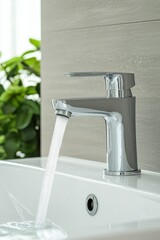 Modern chrome faucet in a bathroom, water flowing into a sink, greenery in the background.