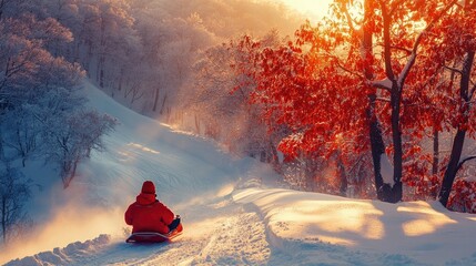 Tourist enjoying sledding down snowy hill at sunset in winter forest
