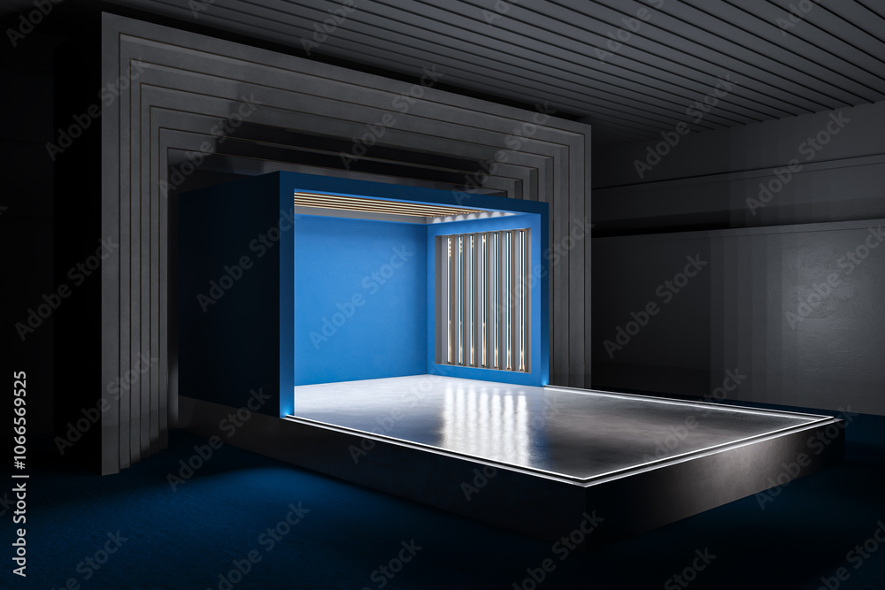 Poster side view of creative blue theater stage design. performance and act concept. 3d rendering.