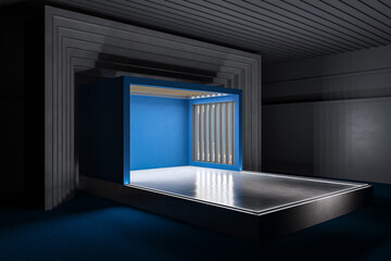 Side view of creative blue theater stage design. Performance and act concept. 3D Rendering.