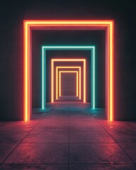 Vibrant neon light tunnel with glowing frames against a dark background, creating a futuristic and immersive atmosphere.