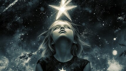 Dreamy Night: Young Girl Embracing Cosmic Energy and Shooting Star Symbolizing Aspirations and Hope