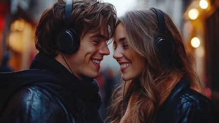 A couple sharing headphones, listening to Valentine's Day songs together in a cozy setting with warm lighting, candles, and romantic decor