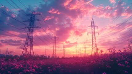 Silhouetted power lines stand tall against a vibrant sunset over a field of wildflowers.