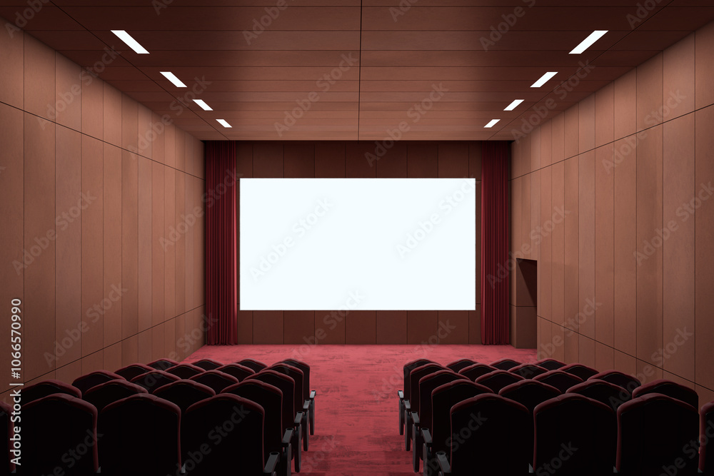 Poster modern red carpet wooden cinema hall with empty white mock up place on screen. 3d rendering.