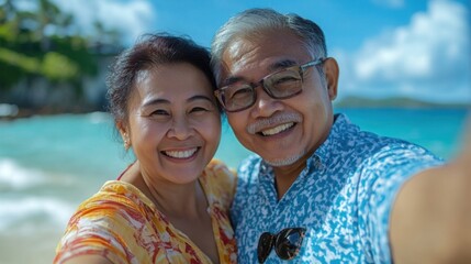 Parents taking a family selfie on vacation, capturing memories together