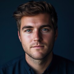 Obraz premium Close-up portrait of a young man with blue eyes, looking directly at the camera.
