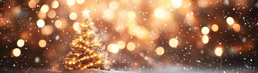 Illuminated Christmas Tree with Falling Snow and Golden Bokeh Lights