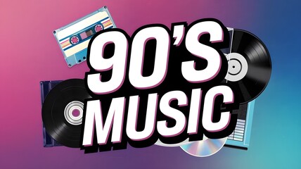 A vibrant collage of 90s music media including vinyl records, cassette tapes, and CDs. AI generated.