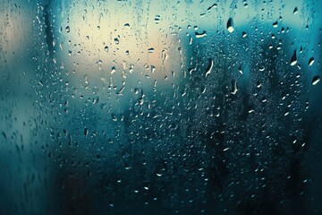 Raindrops on Window with Sky Blue Blurred Background
