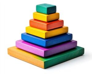Colorful wooden blocks stacked in a pyramid shape isolated on white background.