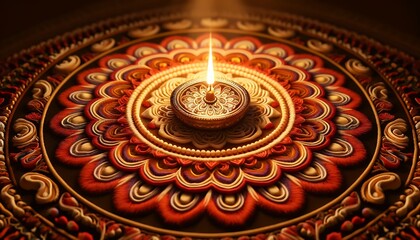 Naklejka premium Diwali rangoli with multicolored background in neon realism style, celebrating indian festival and culture, vibrant decoration, festive design, diwali decor, colorful art. Realism. Illustration