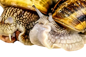 A close-up image of a large snail with a spiral shell. The snail has a long, slender body with a textured, beige-colored shell that has distinct brown and yellow striped patterns.