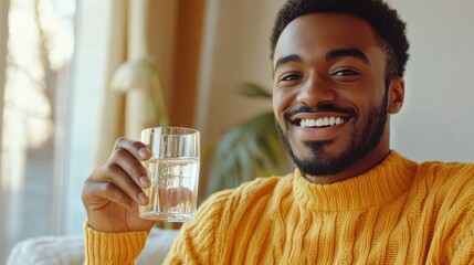 Man is holding a glass of water and smiling