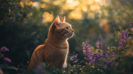 Ginger cat sitting among greenery and purple flowers outdoors, soft daylight illuminating the scene
