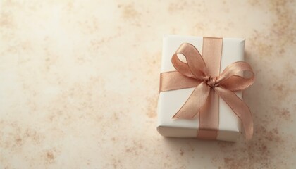 White Gift Box With Brown Satin Ribbon On Textured Beige Surface