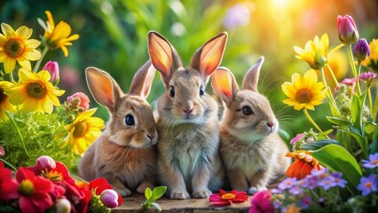 Adorable Folded-Eared Rabbits Surrounded by Colorful Flowers in a Serene Garden Setting for Nature Photography, Wildlife Enthusiasts, and Animal Lovers
