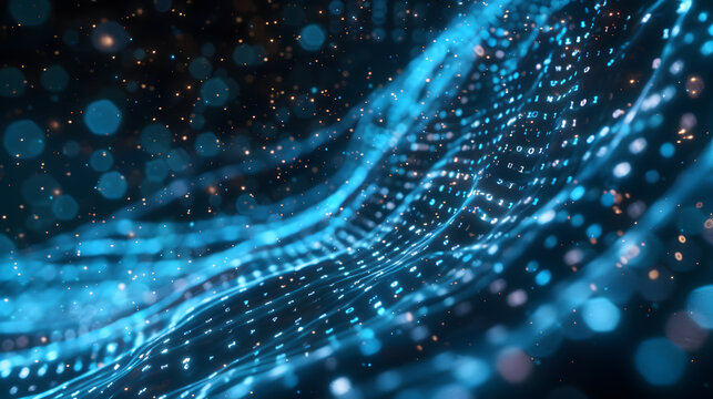 A fast-moving stream of glowing binary code