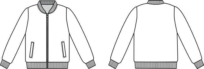 Editable technical fashion sketch for a Bomber Jacket, for apparel design, tech packs, and fashion production. Front, and back view.